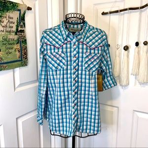 EUC Bit & Bridle Blue, White and Pink Plaid Snap Shirt Sz XL